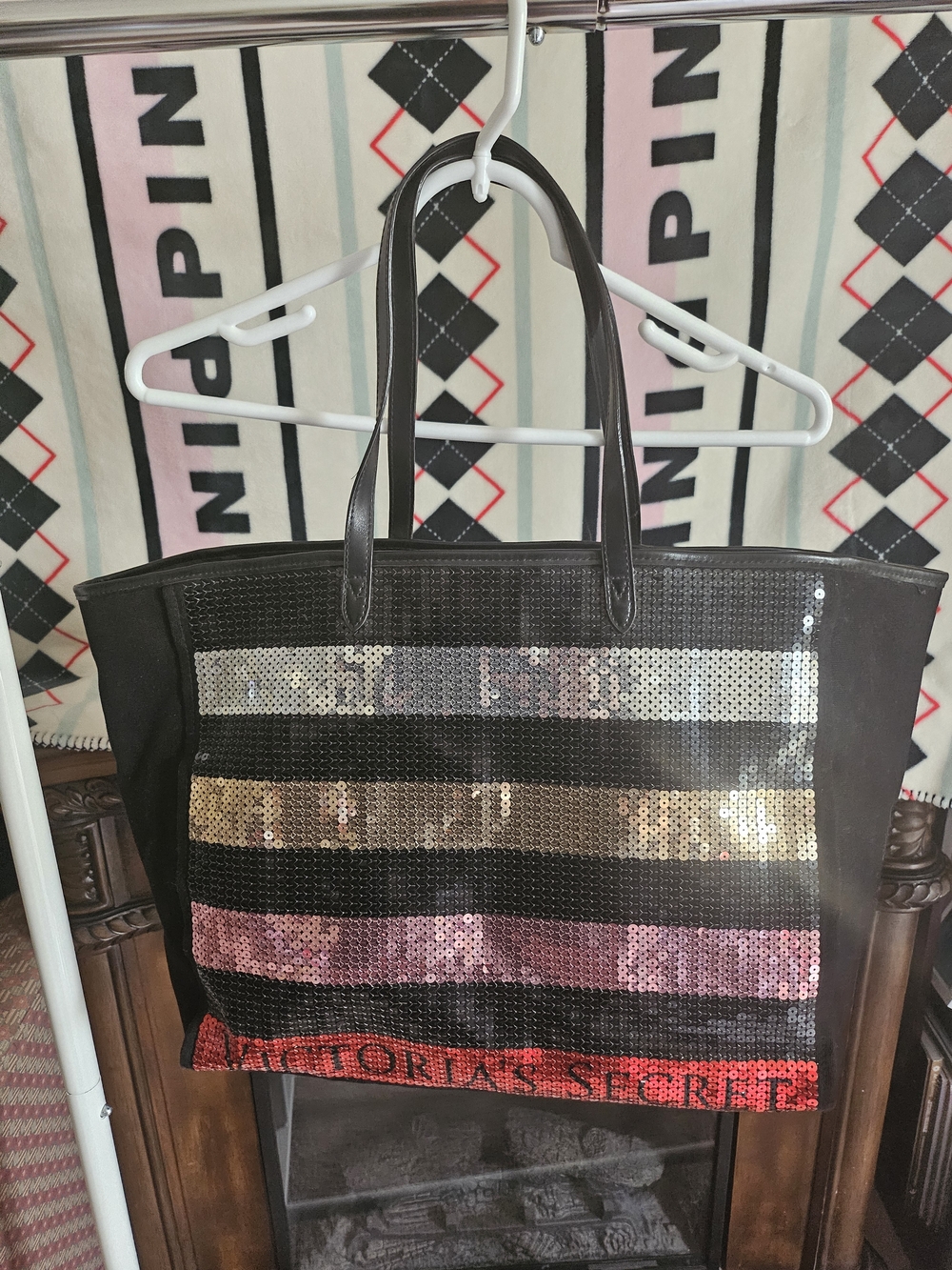 Victoria's Secret Black Sequin Stripe Tote Bag